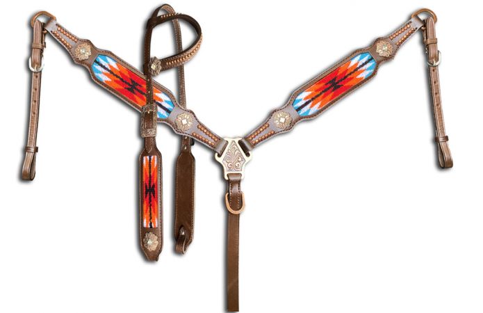 Showman Browband Headstall &amp; Breast collar set with wool southwest blanket inlay - red and orange